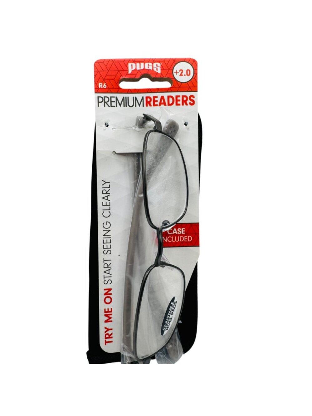 Pugs Premium Reading Glasses +2.0 With Adjustable Nose Pads & Case Gunmetal